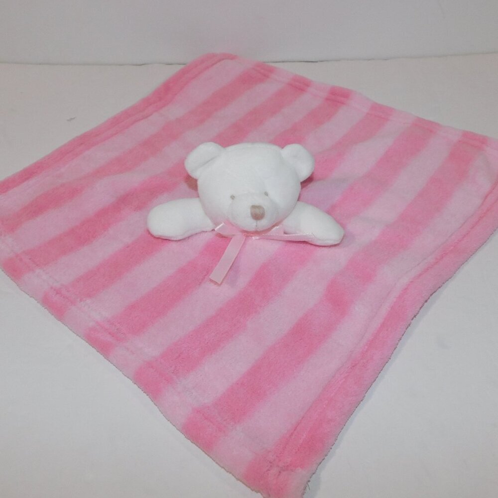 White Teddy Bear Pink Striped Security blanket Plush Baby lovey nunu Soother